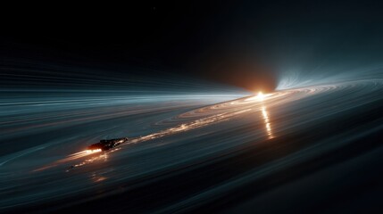 Spaceship escaping a black hole's gravity with glowing engine trails 