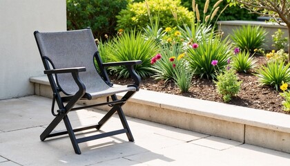 Folding chair placed beside flower bed in sunny garden  