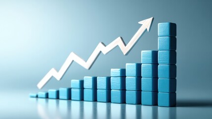 Blue block bars increase in height from left to right with a white arrow indicating growth on a light blue background.