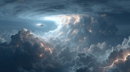 Spaceship escaping a massive cosmic storm with lightning flashes
