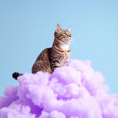 Serene Tabby Cat Sitting on a Fluffy Purple Cloud.