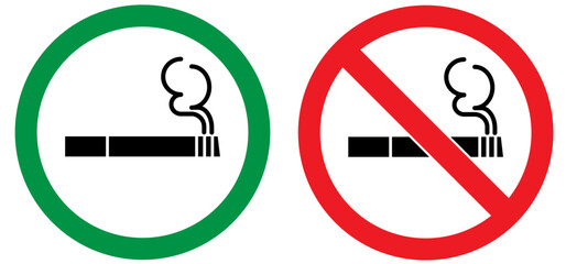 No smoking area and smoking area sign printable red, green, black colour. No smoking, ban. No smoking symbol. no smoke circle in red and green. Forbidden icon. stop symbol icon set