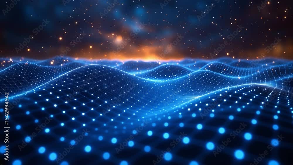 Poster Digital Universe: a dynamic, undulating display of interconnected data points forming waves. shimmering display under a galaxy of stars.