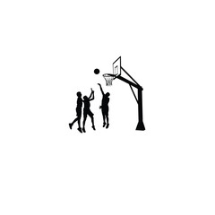 Silhouette of people shooting hoops on a basketball court on white background