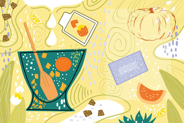 A spread of recipes with ingredients for a cottage cheese and pumpkin casserole
