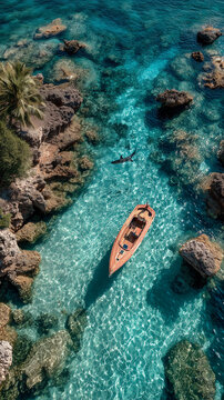 Top view , a speed boat is sailing in the blue coean clear water can see fish swimming.