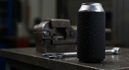 Cold beverage can with condensation on workbench in workshop setting  