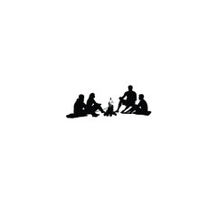 Silhouette of people sitting around a bonfire on the beach on white background