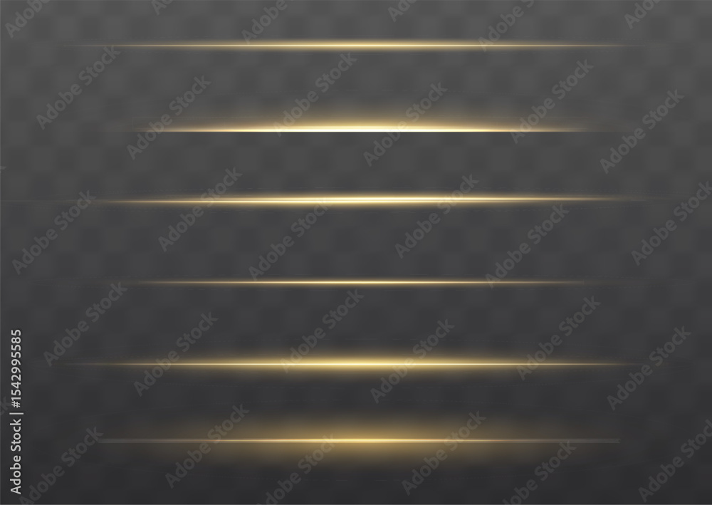 Poster Line light and gold star beams in motion create a yellow glow with horizontal stripes. Bright and shiny sparkle effects ideal as an Overlay for energetic vector scenes
