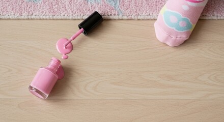 Baby with spilled pink nail polish on wooden floor with a copy space  