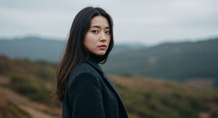 Thoughtful Woman in Dark Coat Standing in Mountain Landscape