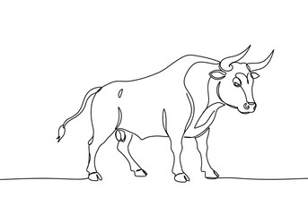 Continuous line drawing of a bull standing on a plain surface with a white background behind it