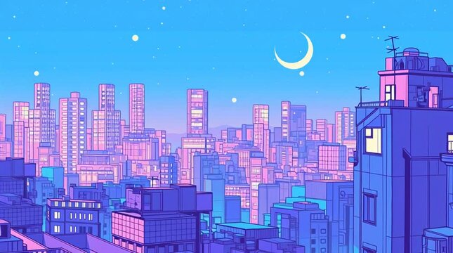 1980年代風レトロポップなネオンの都市夜景イラスト・満月とピンクの雲が広がる幻想的な都会の背景素材・ノスタルジックでエモーショナルな未来都市風景・青い夜空・美しい街並み・夜の都市