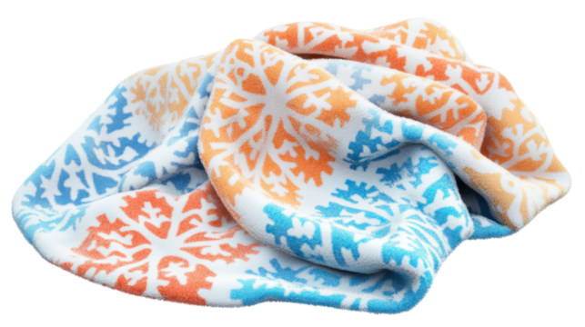 Soft colorful snowflake blanket on white background