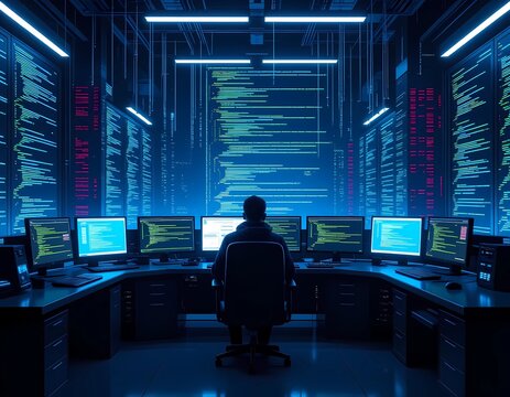 A mysterious hacker stands in the control hub, surrounded by data