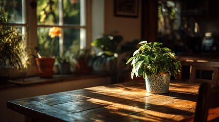 Fototapeta premium Potted plant on wooden table with sunlight by the window.