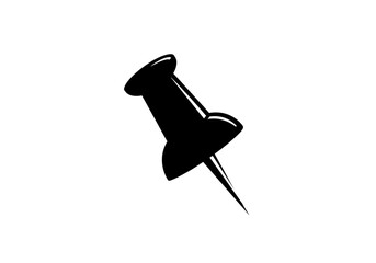 A simple black pushpin illustration with a sharp point on a white background in a minimalist style