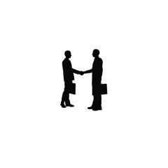 Silhouette of two colleagues shaking hands after a meeting on white background