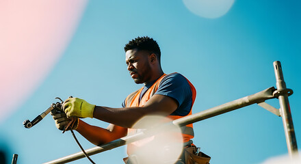 Focused construction worker on scaffolding under bright blue sky, performing outdoor tasks with tools