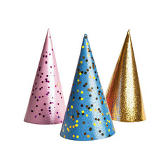 Colorful party hats in pink, blue, and gold on a Transparent background for festive celebrations, Party hats isolated on PNG background
