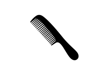 A simple black comb with teeth and handle isolated on a plain white background in a clean image