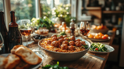 Delicious pasta with meatballs served in a cozy kitchen