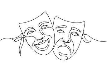 Continuous line drawing of comedy and tragedy masks representing drama and theatrical performance art