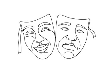 Two theatrical masks depicted in a single line drawing showing joy and sorrow on a white background