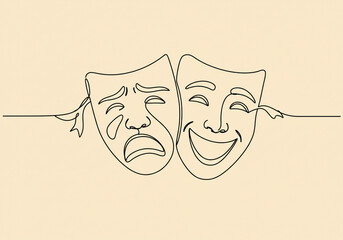 Continuous line drawing of comedy and tragedy theatrical masks on a light beige background