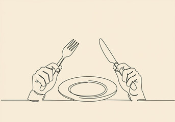 Single line art of hands holding fork and knife with empty plate on a beige background surface