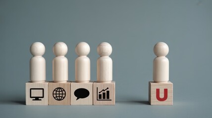 Wooden figurines on blocks with various symbols.