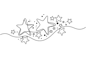 A simple line drawing of stars of various sizes scattered along a wavy line with small dots around them