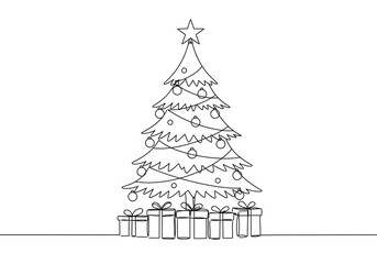 A christmas tree with star ornaments and gifts drawn in a single continuous line on a white background