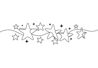 A continuous line drawing of various sized stars connected by a single flowing line on a white background