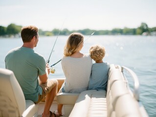 Calm family lake day on pontoon boat with fishing and sunshine leisure activity , Selective Focus