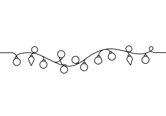 A continuous line drawing of a string of christmas lights with round and teardrop shaped bulbs hanging
