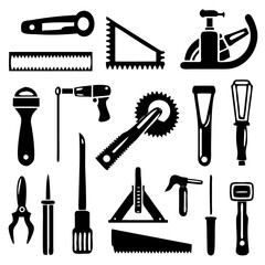 Power tools like a drill circular saw angle grinder and jackhammer shilouette
