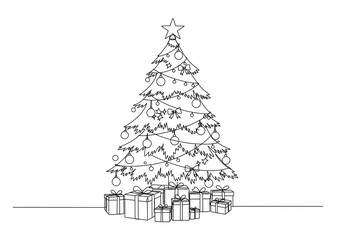 A christmas tree decorated with ornaments and a star on top with presents underneath it outline art