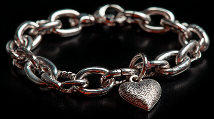 Obraz premium Silver chain bracelet with heart charm on black surface.