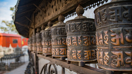 Buddhist prayer wheels . monastery in Kathmandu