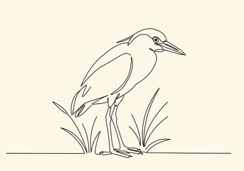One line drawing of a bird standing in grass with a long beak and detailed eye looking forward