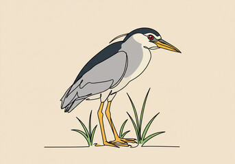 Illustration of a black crowned night heron standing in grass with a light background color tone