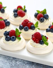 Creamy mini Pavlova dessert with frozen fruit and whipped cream. Pavlova dessert with frozen blueberries and raspberries.