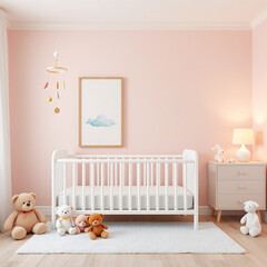mockup frame for children’s room pastel nursery portrait orientation whimsical design with plush toys airy decor crib-side poster display 3d render creative print on demand art illustration