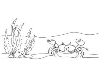 A single line drawing of a crab near seaweed on the ocean floor in a minimalist style design