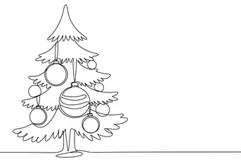 A continuous line drawing of a christmas tree decorated with ornaments on a white background space