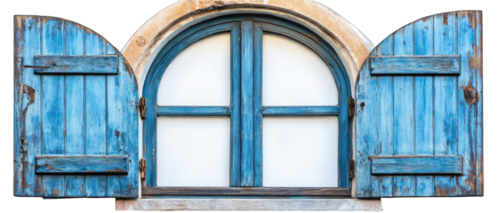 Aged blue shutters on an arched window
