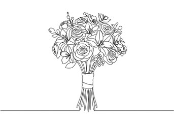 Elegant line art illustration of a bouquet featuring roses and lilies tied with ribbon on white background