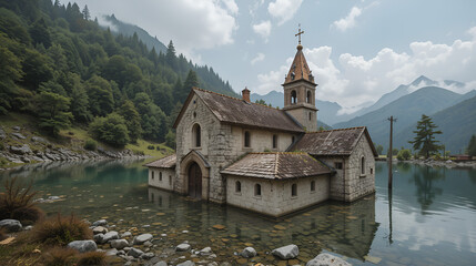 Fototapeta premium Abandoned and submerged church in the town of Mediano, in the Aragonese Pyrenees, located in Huesca, Spain.
