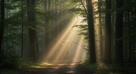 Obraz premium Misty Forest Path in Morning Light